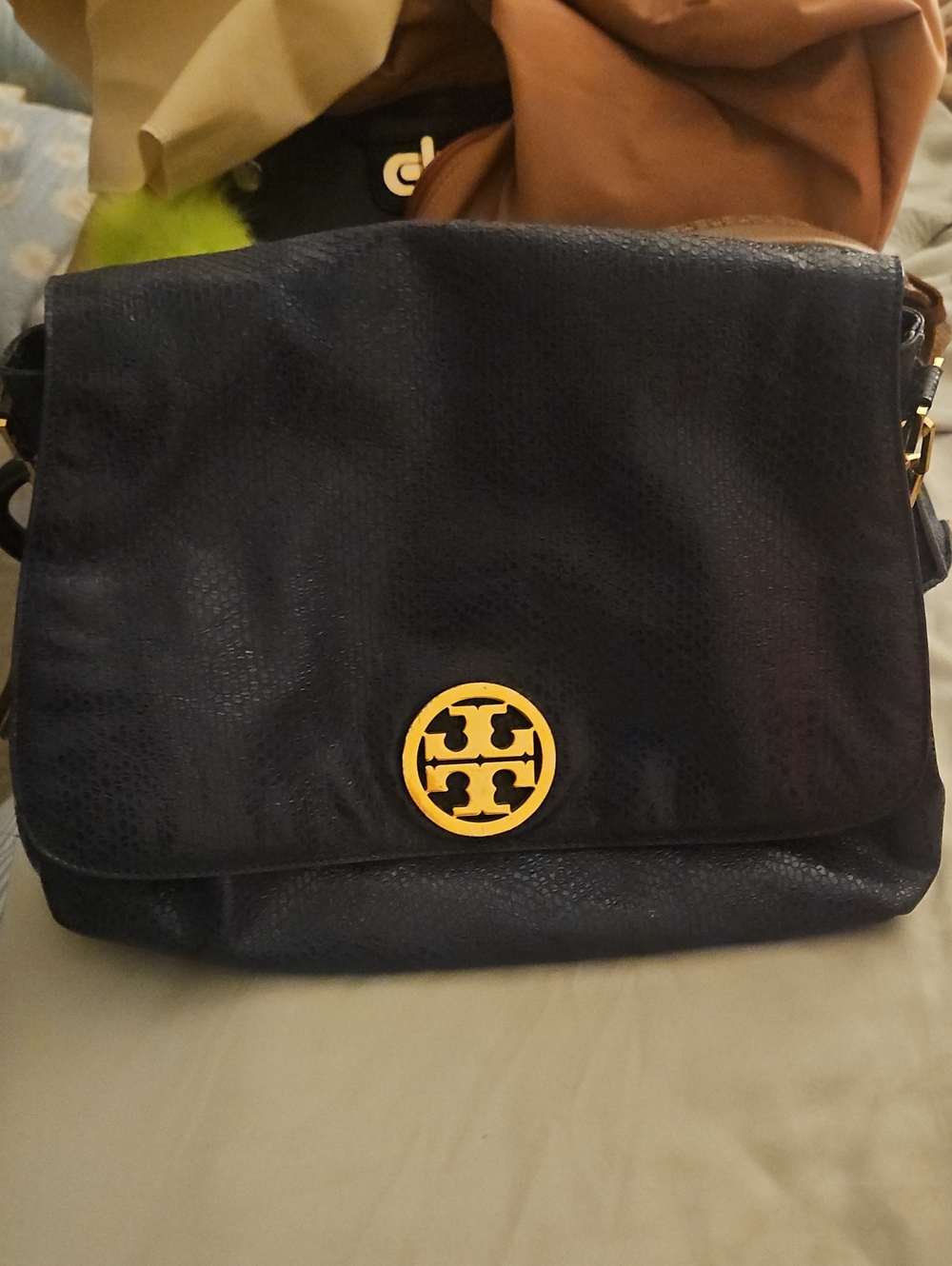 Tory Burch Navy Leather Crossbody with Gold Logo Medallion